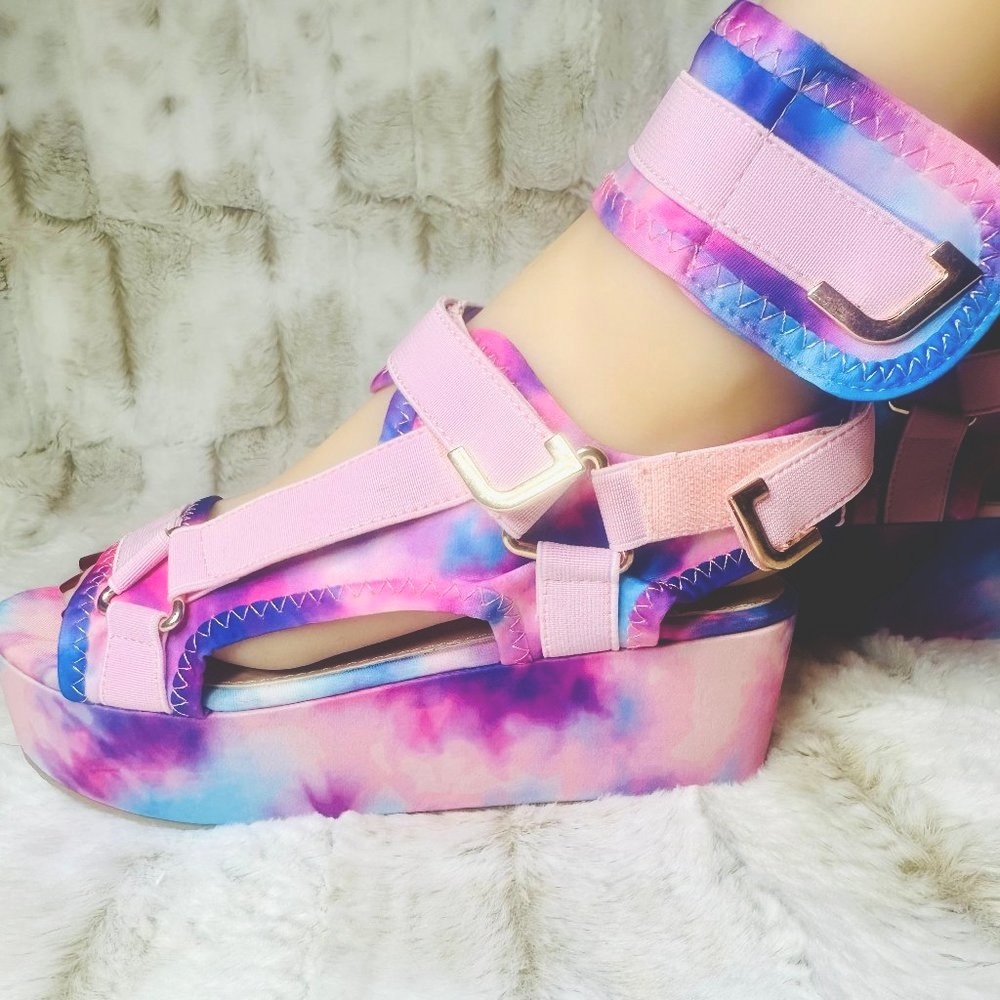 Pazzle Cotton Candy Platform Tie Dye Pink Harness Strap Sandals - Picture 8 of 9